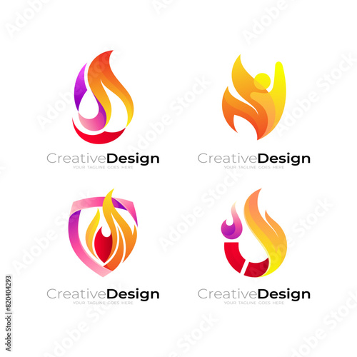 Set fire logo with 3d colorful design, people flame logos, shield icon
