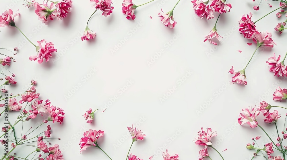Cresent flowers as frame on white backrgound, copy space. Mother's Day fashionable layout. Women Day. Beautiful flower background Cresent flowers as frame on white backrgound, copy space. Mother's Day fashionable layout. Women Day. Beautiful flower background