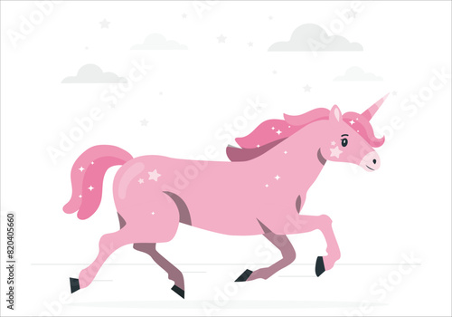 Pink unicorn with rainbow mane and stars. Vector illustration isolated on white. Cute little unicorn character with butterfly wings flying in the skies. Cute little pink magical unicorn. Vector design