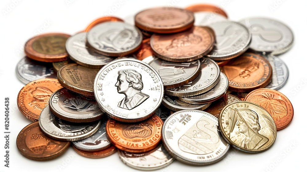 A close-up shot of a pile of U.S. coins, including quarters, dimes, nickels, and pennies