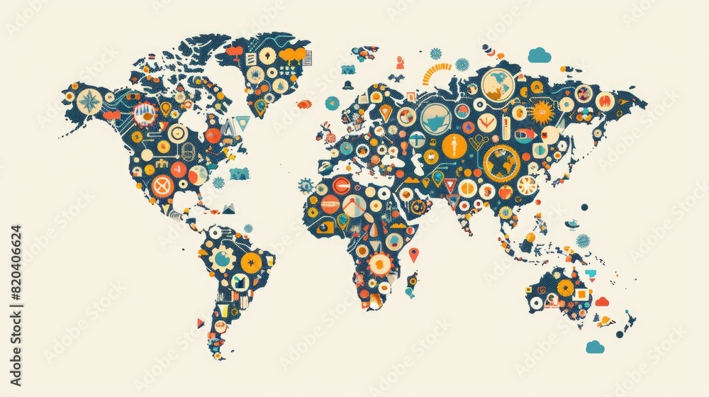 Fototapeta premium Global trade network concept, world map with interconnected abstract icons