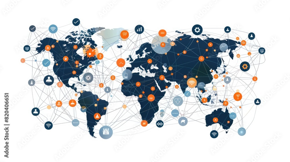 Global trade network concept, world map with interconnected abstract icons Global trade network concept, world map with interconnected abstract icons