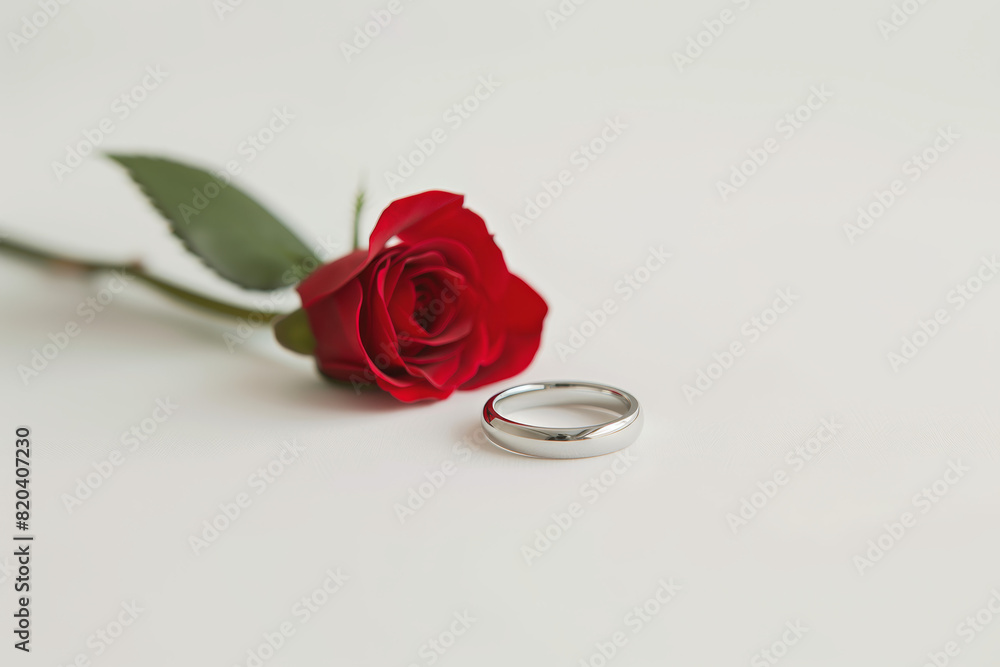 A silver ring sits on a white background next to a red rose A silver ring sits on a white background next to a red rose