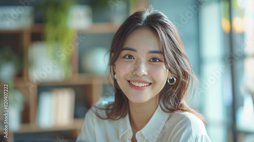 Wallpaper Mural A young Asian woman with a bright smile sits in a modern office space. The background features shelves with decorative items, creating a friendly and professional atmosphere. Torontodigital.ca