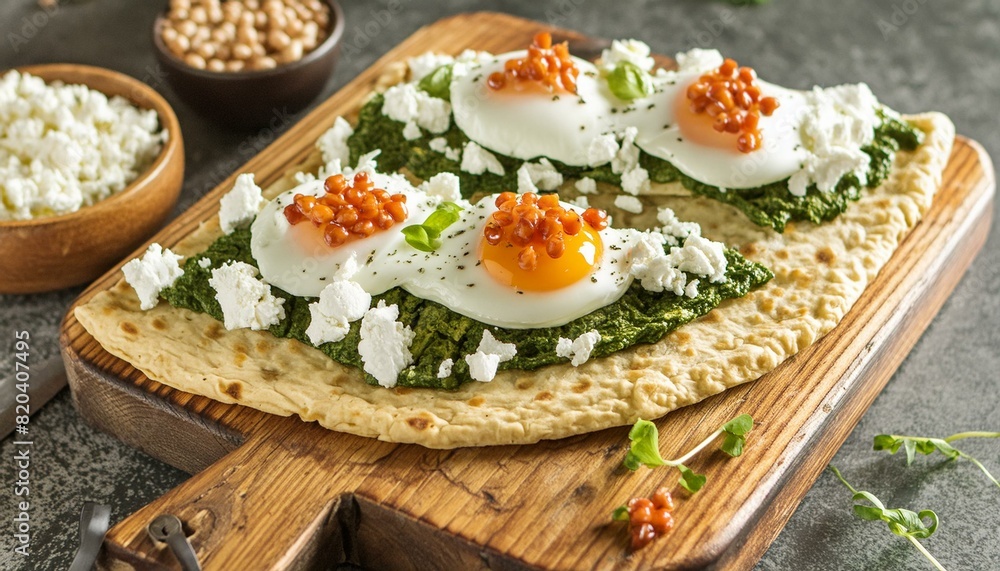 Close-up photo of a breakfast flatbread topped with perfectly cooked eggs, delicious food Breakfast Background Close-up photo of a breakfast flatbread topped with perfectly cooked eggs, delicious food Breakfast Background