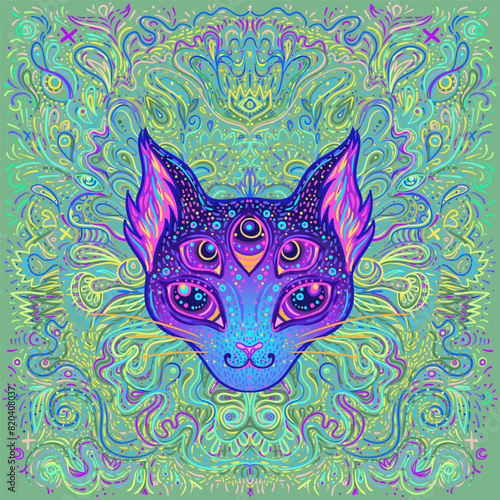Cute fox or cat face over psychedelic ornate pattern. Character tattoo design for pet lovers, artwork for print, textiles. Detailed vector illustration. Totem animal.
