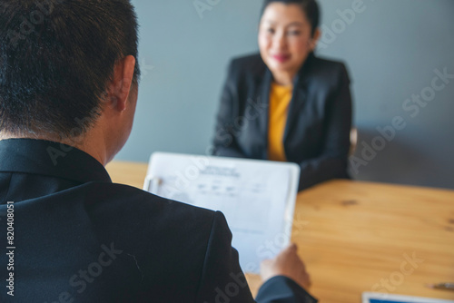 Bild auf Leinwand Job HR applicants having an interview with Human resource manager jobs interviewing with confident candidate at business firm office give cv resume