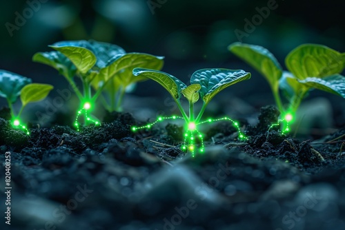 A futuristic depiction of glowing green seedlings in soil with technological elements representing the fusion of nature and technology. photo