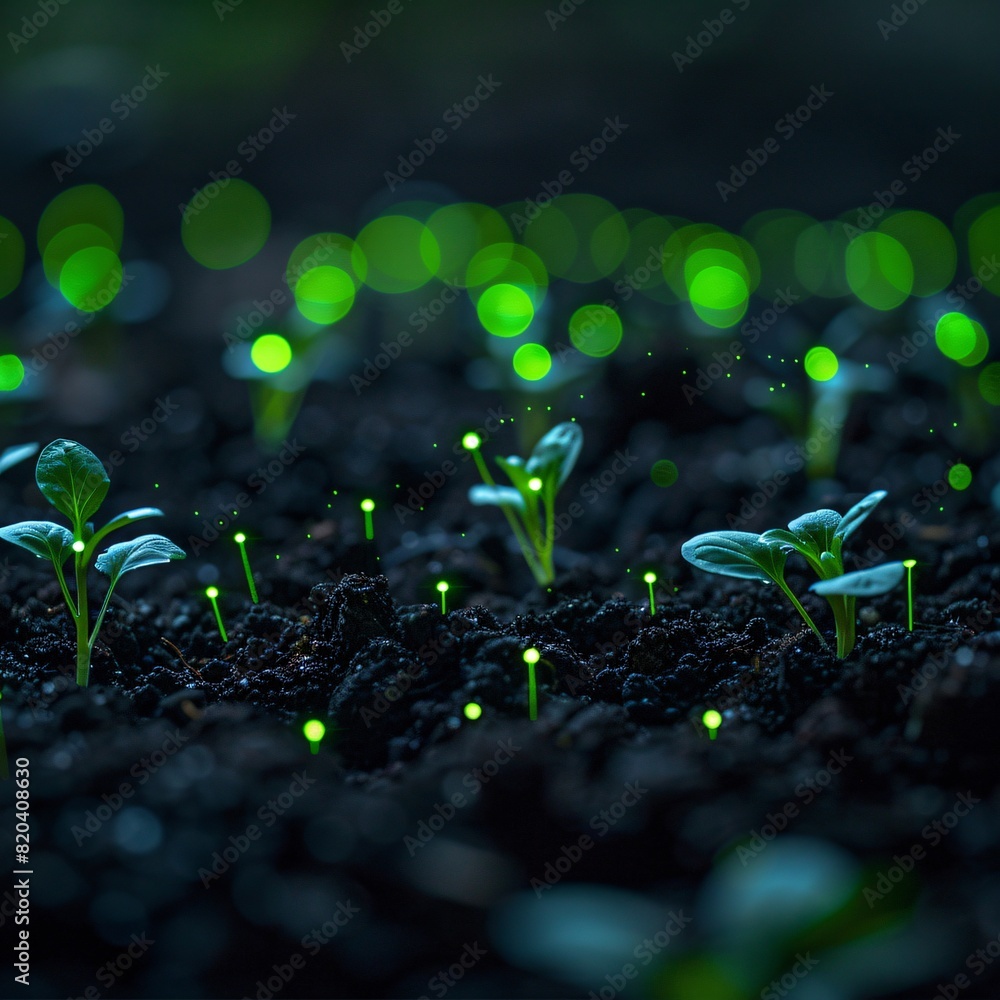Close-up of fresh green seedlings sprouting from dark soil, surrounded by glowing bioluminescent dots in a serene, natural environment. Close-up of fresh green seedlings sprouting from dark soil, surrounded by glowing bioluminescent dots in a serene, natural environment.