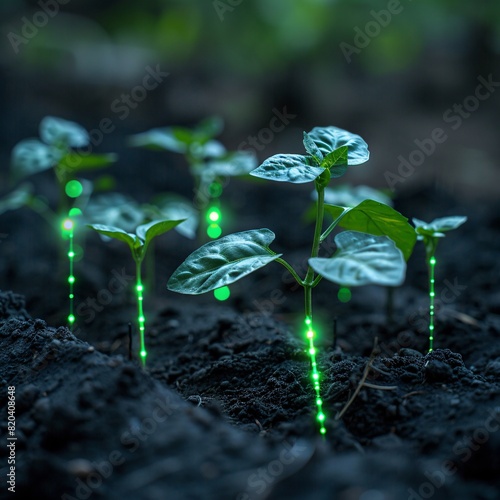 Close-up of futuristic glowing seedlings growing in dark soil, symbolizing technology integration in agriculture and plant growth. photo