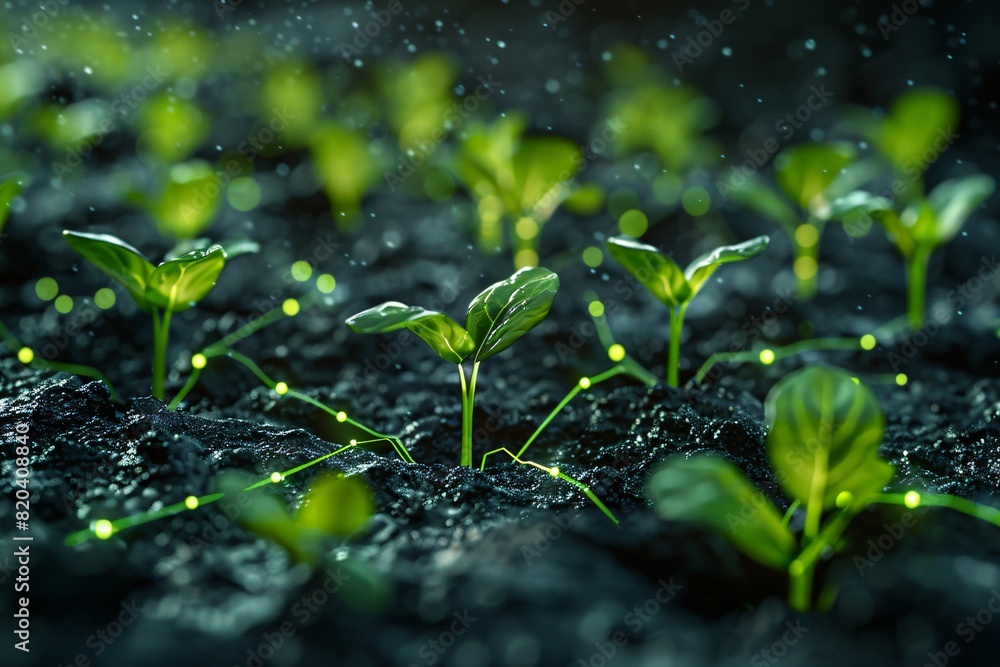 Close-up of green seedlings growing in dark, fertile soil under gentle rain, symbolizing new beginnings and growth. Close-up of green seedlings growing in dark, fertile soil under gentle rain, symbolizing new beginnings and growth.