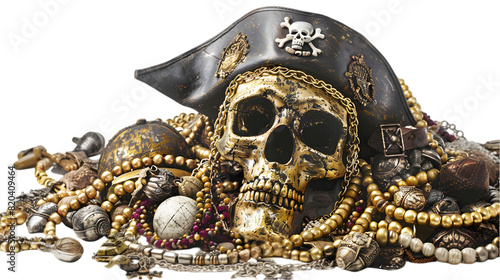 A pirate's hoard, brimming with wealth in the form of gold and silver isolated on a transparent background cut out. 