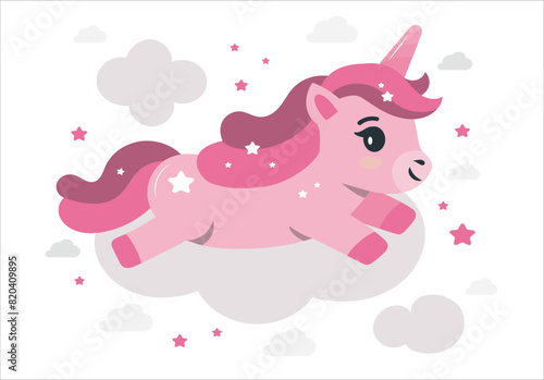 Cute Unicorn Princess  Magic creature. Cute little pink magical unicorn. Vector design on white background. Print for t-shirt. Romantic hand drawing illustration for children. 