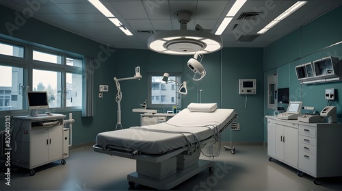 pseudo 360 Hospital interior design with operating table and lamp.generative.ai