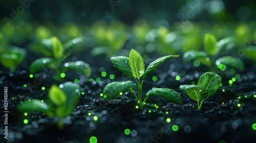 Close-up of young green plant seedlings growing in fertile soil with glowing green lights, symbolizing growth and sustainability.