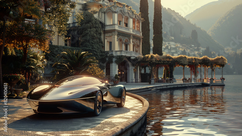 Sci-Fi Futuristic Car Hovering by Lake with Villa in Background - GENERATIVE AI