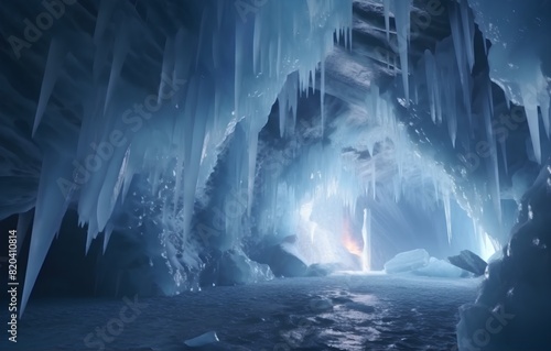 Stalactites and stalagmites in an ice cave