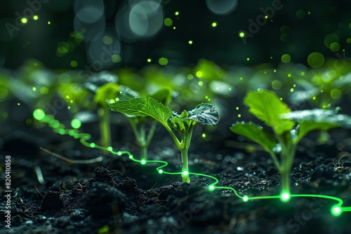 Close-up of young green seedlings growing in soil with a futuristic green energy concept, symbolizing sustainability and innovation.