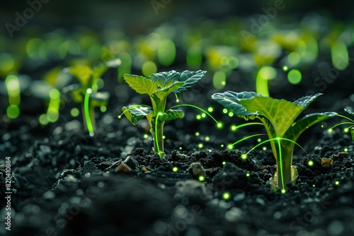 Close-up of young green seedlings growing in soil with digital data visualization, symbolizing plant growth and agricultural innovation.