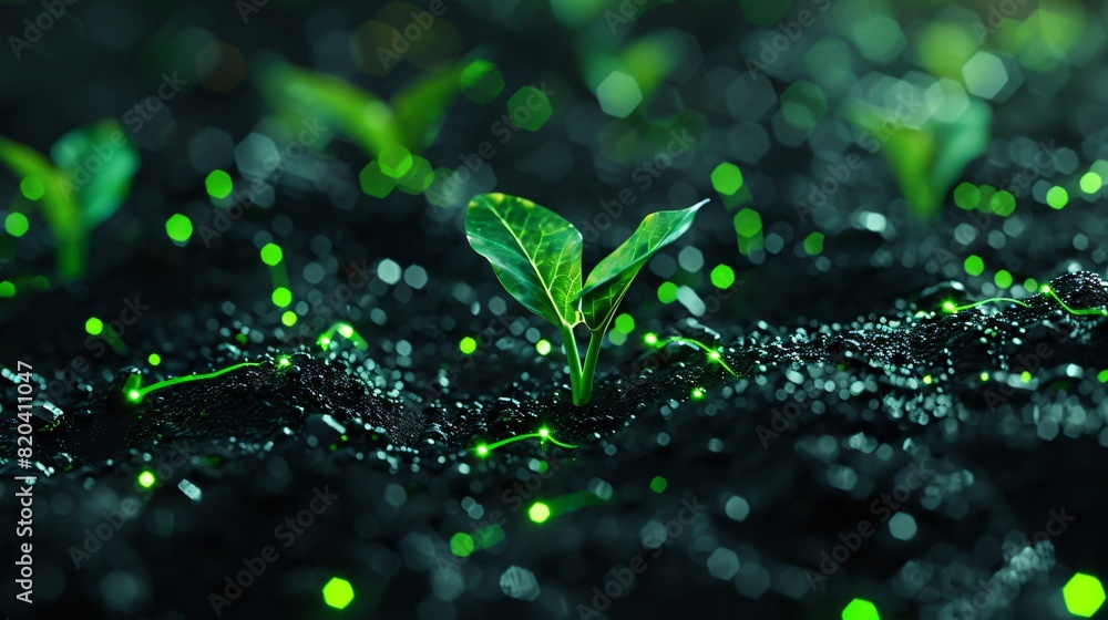 Close-up of young green sprout growing in fertile soil with glowing particles, symbolizing growth, nature, and sustainability. Close-up of young green sprout growing in fertile soil with glowing particles, symbolizing growth, nature, and sustainability.