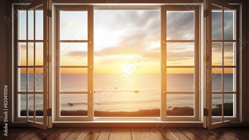 Sunset in the window with sea view. 3D Rendering