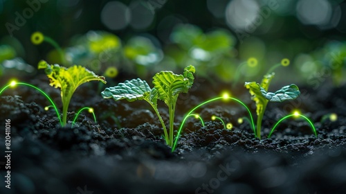 Close-up of young green seedlings sprouting in soil with glowing effects, symbolizing growth and nature's magic.
