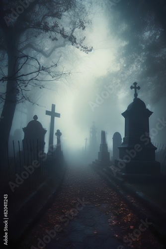 Foggy graveyard with three crosses. Halloween background. 3D rendering