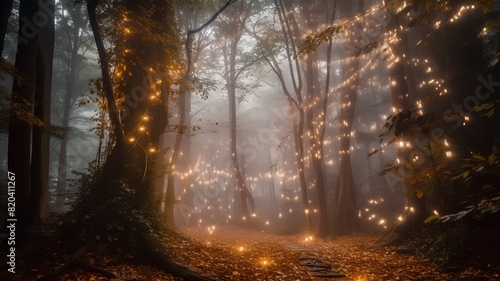 Mysterious foggy forest with glowing lights. 3D rendering