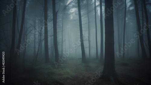 Mysterious dark forest in a foggy day. Halloween background