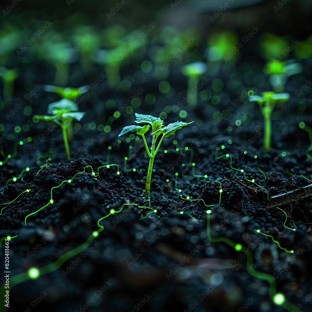 Close-up of young plants growing in dark soil with glowing roots, symbolizing growth, life, and natural beauty in a forest setting.