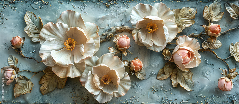 Obraz premium panel wall art, wall decoration, marble background with flowers designs