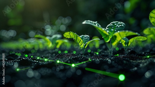Close-up of young plants growing in soil with futuristic glowing lines, representing technology in agriculture and sustainable growth.