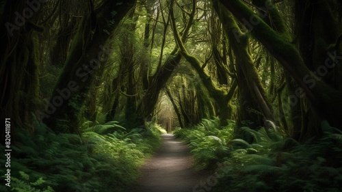 Hiking trail in the rainforest of Redwood National Park  California