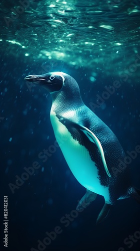 Penguin swimming in the deep blue ocean. 3D rendering