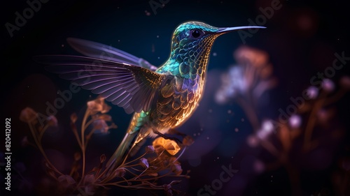 Beautiful hummingbird in the night sky. 3D illustration. © Ai