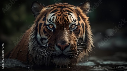 Close-up portrait of a tiger in water. Tiger in natural habitat.