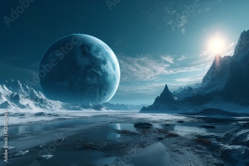 Alien Planet - 3D Rendered Computer Artwork. Rocks and Moon