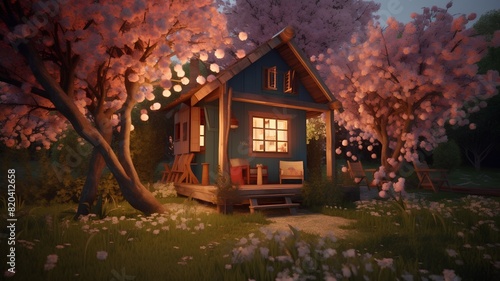The house in the garden with blooming trees. 3d render photo