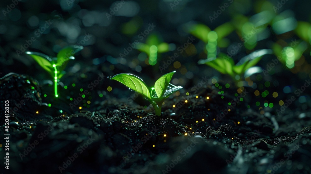 Close-up of young seedlings sprouting in soil lit by gentle glow, symbolizing new beginnings, growth, and hope in a natural environment. Close-up of young seedlings sprouting in soil lit by gentle glow, symbolizing new beginnings, growth, and hope in a natural environment.