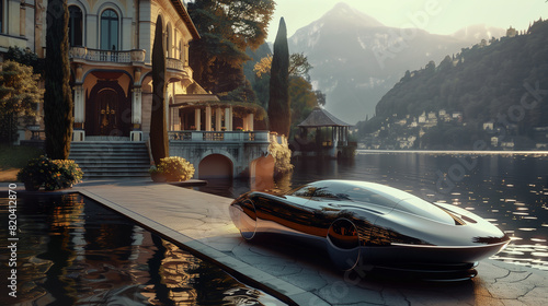Sci-Fi Futuristic Car Approaching Villa on the Lake - GENERATIVE AI