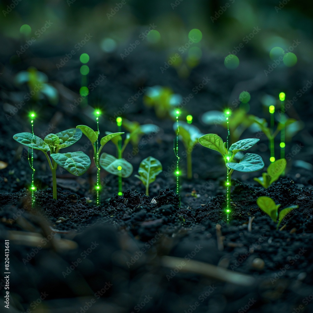 Young green plants growing in soil with glowing data visualization lines, representing technology in agriculture. Young green plants growing in soil with glowing data visualization lines, representing technology in agriculture.