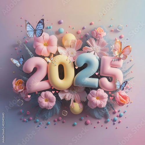 Happy new year 2025 wax colored  inflated balloon design. Happy new year 2025. photo