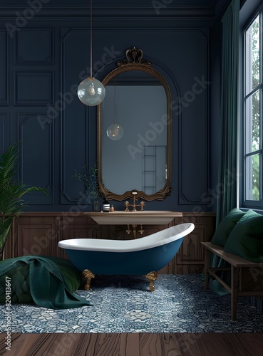 3D rendering of a blue and teal bathroom with an arched mirror  wood wall panels  an oval bathtub