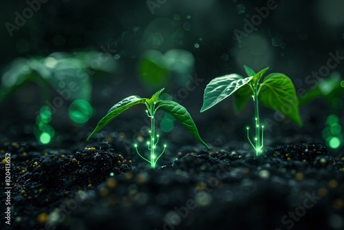 Young green plants glowing in dark soil, representing futuristic agriculture and biotechnology advancements.