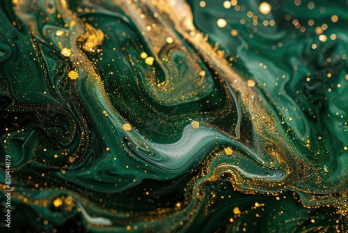Abstract magic green background with golden sparkles. Photo of a green liquid with gold glitters. Various shades of green with golden splashes. - Generative Ai