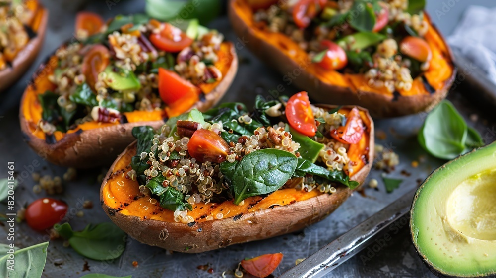 Stuffed Sweet Potatoes - Stuffed Sweet Potatoes are grilled until tender and filled with quinoa and vegetables such as spinach, tomatoes, and avocado. Stuffed Sweet Potatoes - Stuffed Sweet Potatoes are grilled until tender and filled with quinoa and vegetables such as spinach, tomatoes, and avocado.
