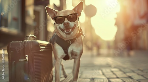 The dog wears glasses dragging a suitcase