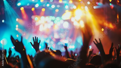 In the foreground, blurred and out of focus, there is a large crowd with their hands in front and up at a concert stage with colorful lights. In sharp detail the audience can be seen cheering for a ro