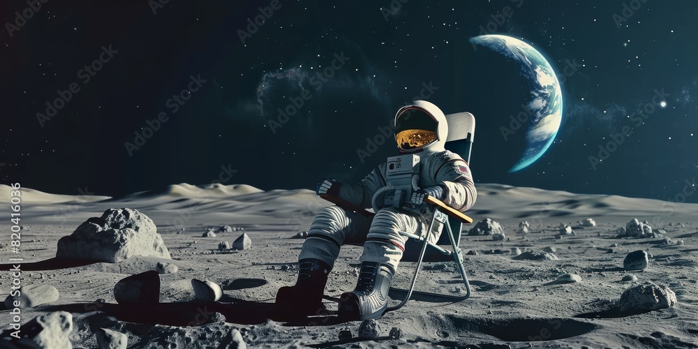 Astronaut sitting in a lawn chair on the moon with earth rising over the horizon 