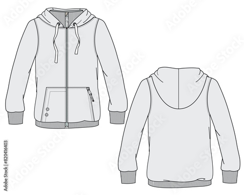 Ladies zip up sweatshirt front and back view flat drawing vector template